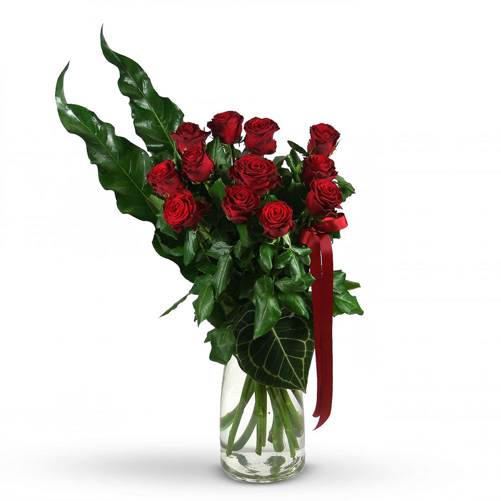 1 dozen red roses vased