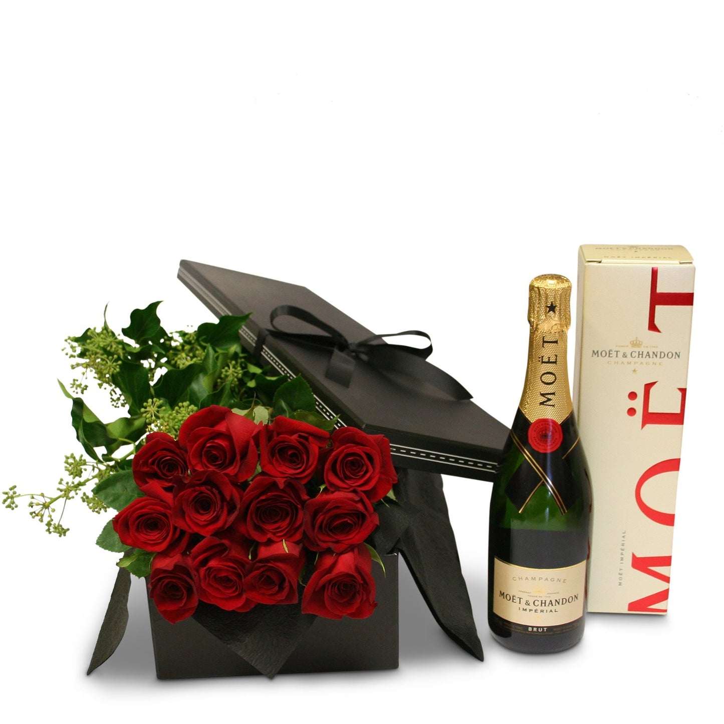 1 Dozen Premium Red Roses Gift Boxed w/Moet & Chandon 750ML